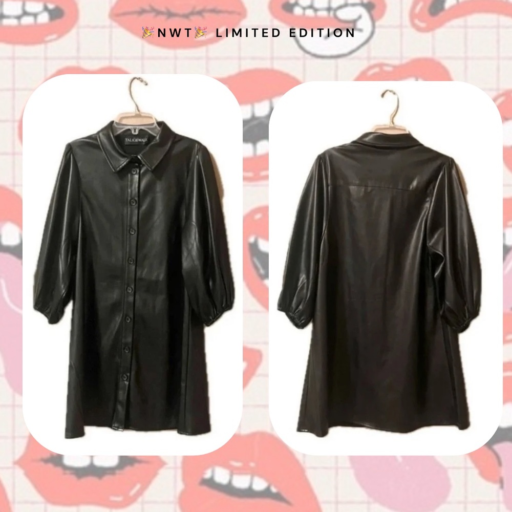 🏷️🆕🎉 (dress) black faux leather button-up collar overcoat jacket dress
